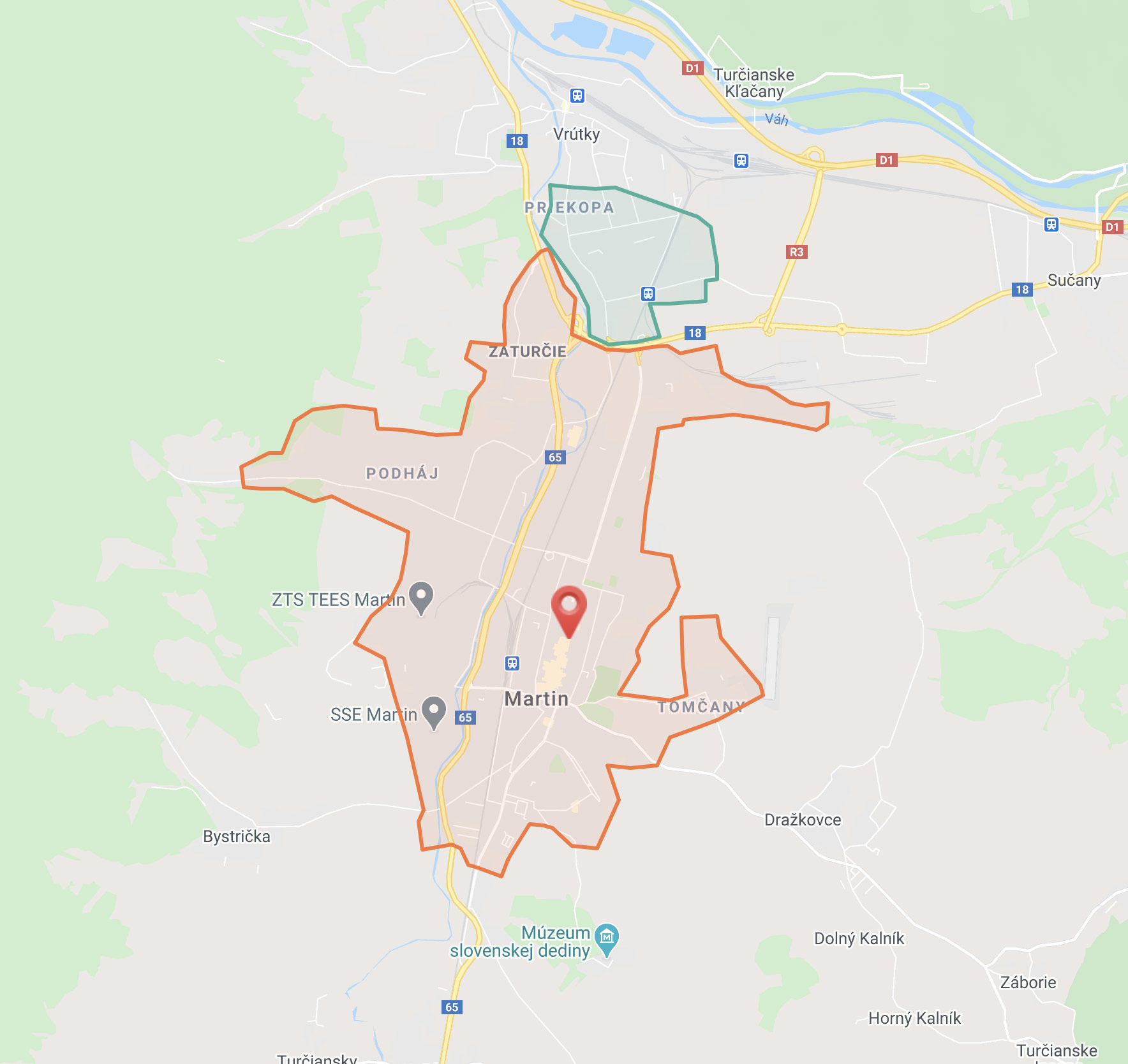 Mapa rozvozu cyklokuriér Kocúr káva a bistro